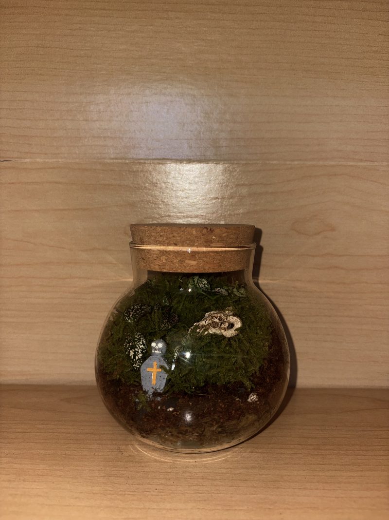 A round cork-topped jar packed with green moss, a tiny figure and a little skull.