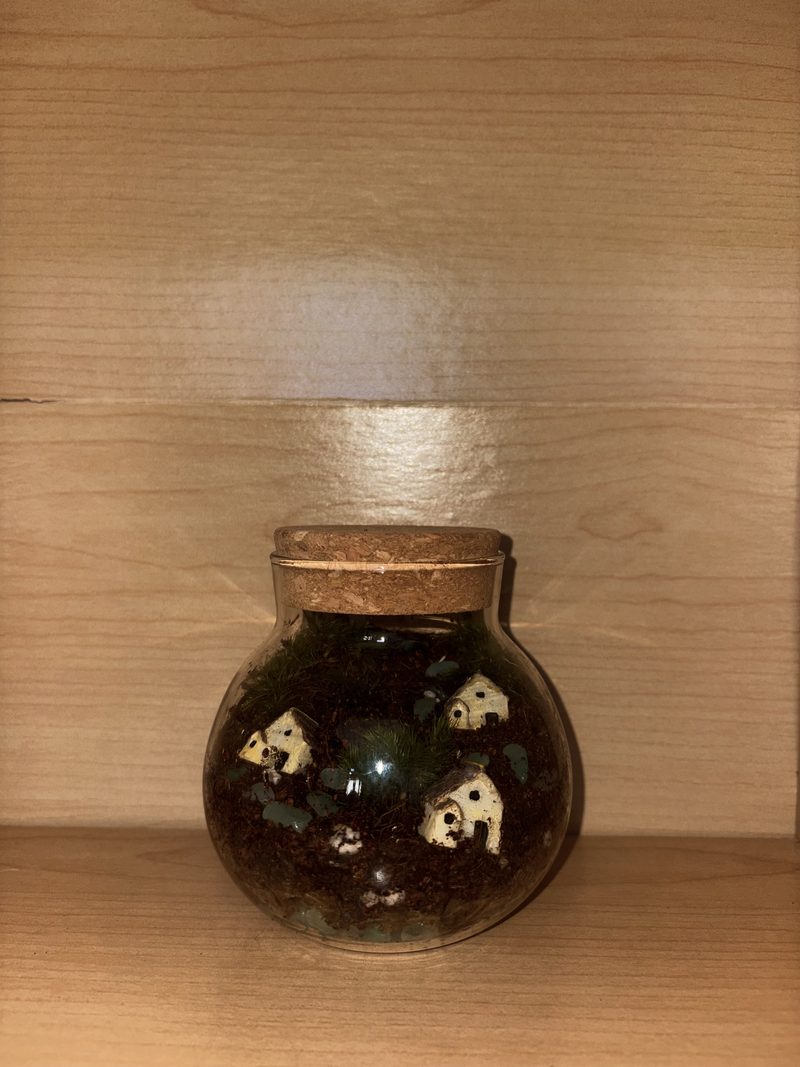 A round cork-topped jar terrarium with tiny white mushroom houses tucked into dark moss.